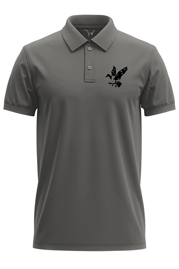 Hunting Hunting Duck Hunting Printed Hunter and Dog Wilderness Regular Fit Polo Neck Gray T-Shirt