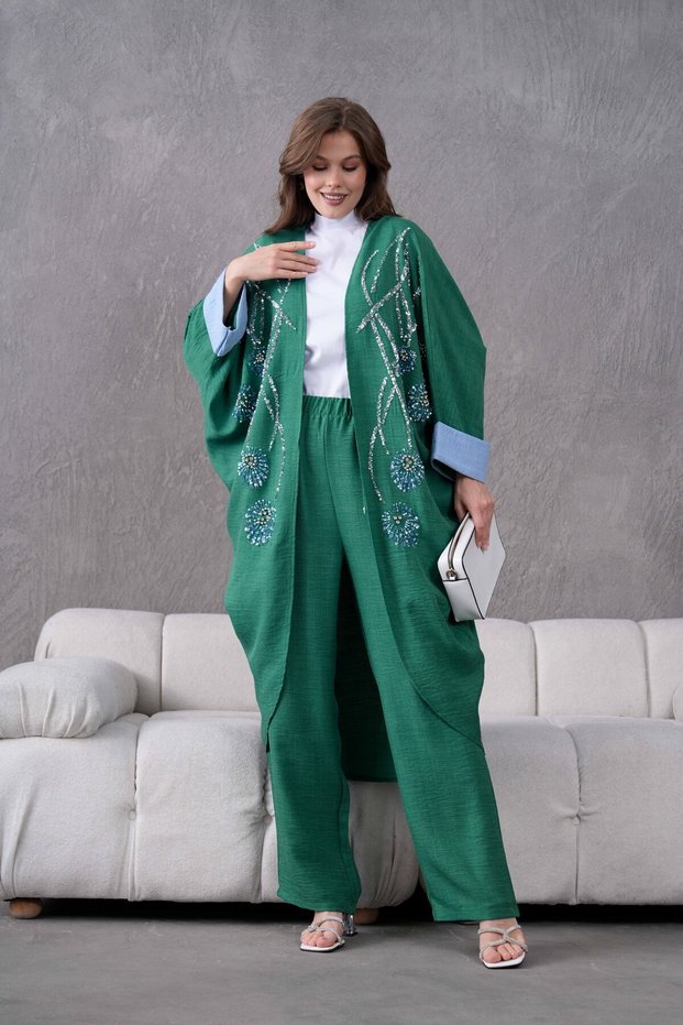 Women's Front Sequin Sequin Embroidered Stone and Pearl Detailed Linen Kimono and Trousers Bottom Top Set