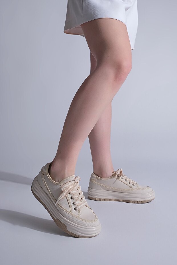 Damskie trampki z wysoką podeszwą i sznurowaniem, sportowe buty z lnu Kotnel EKRU - 6