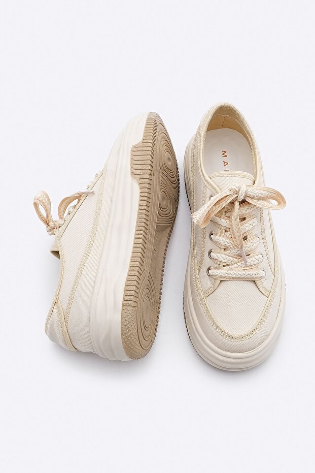 Damskie trampki z wysoką podeszwą i sznurowaniem, sportowe buty z lnu Kotnel EKRU - 8