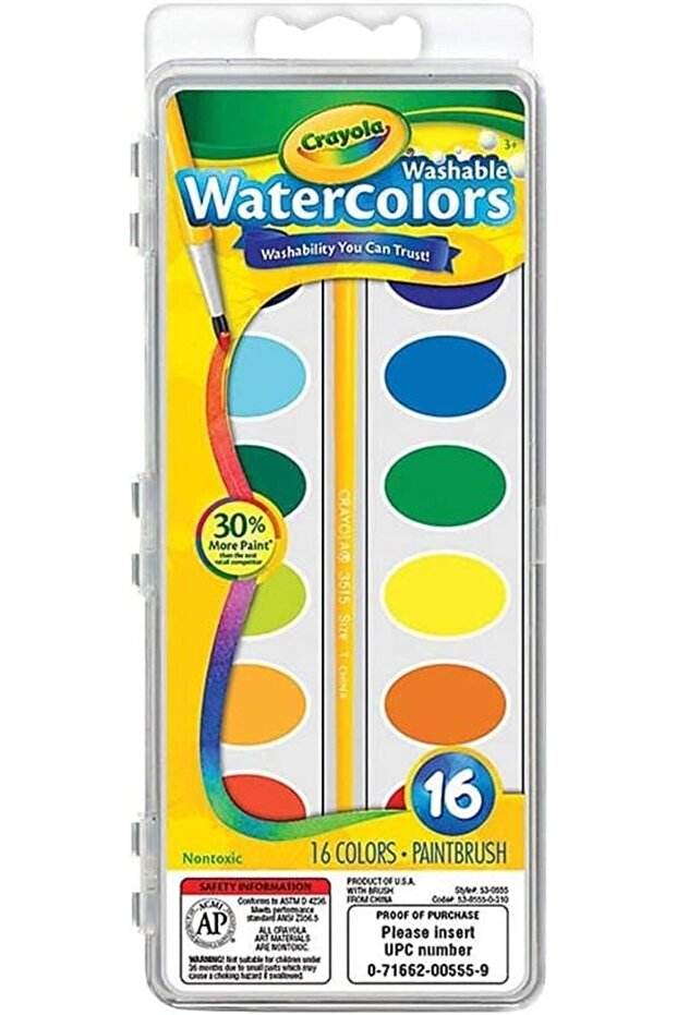 Washable Watercolors Pan with Brush 16ct 53-0555