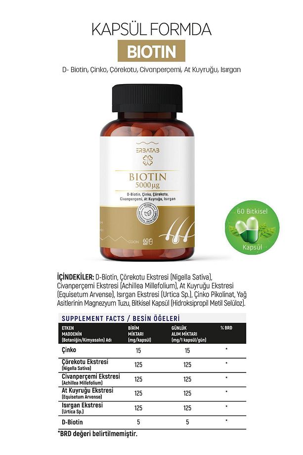 Biotin (ÇİNKO ÇÖREKOTU CİVAN PERÇEMİ AT KUYRUĞU ISIRGAN EKSTRESİ) 60 Kapsül - 9