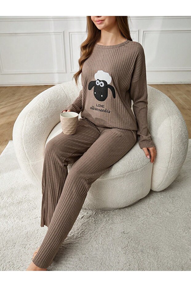 Sheep Embroidery Detailed Ribbed Double Women's Pajamas Set Vg131