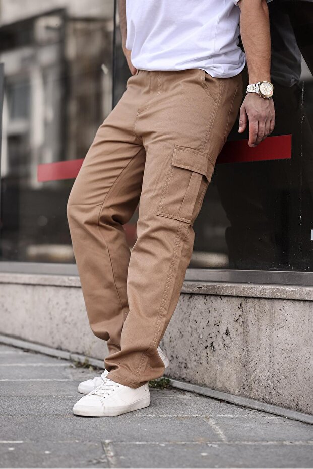 Erkek Bol Paça Kargo Cep Basic Camel Baggy Pantolon - 3