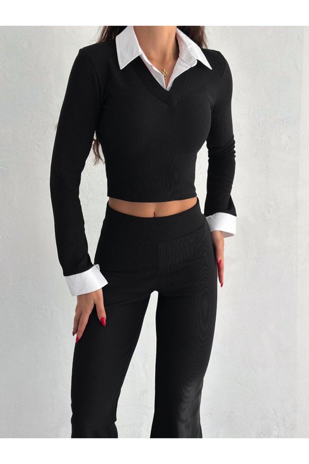 Ottoman Crop Suit with Ribbed Shirt Collar
