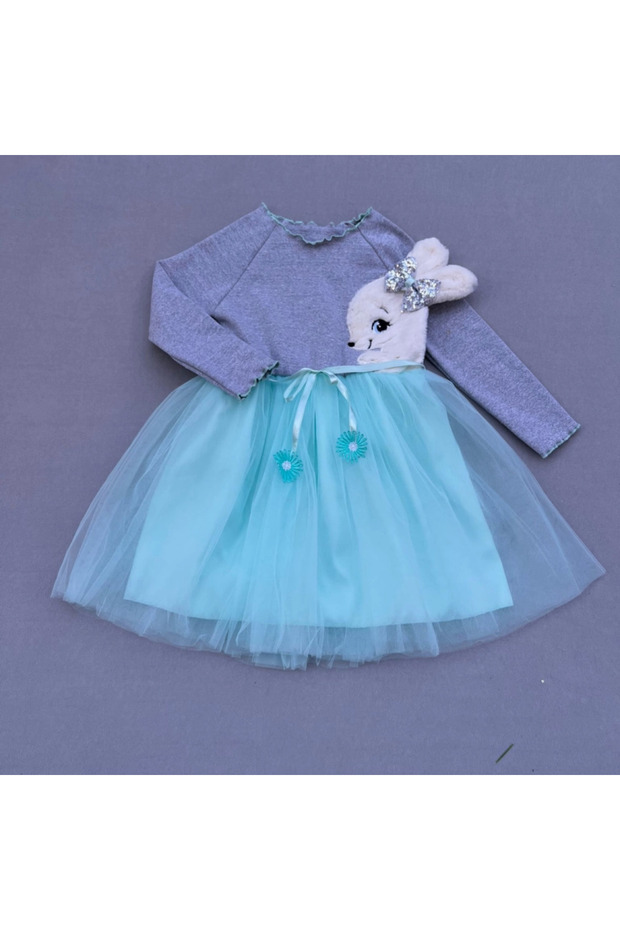5-6-7 Years Old Plush Rabbit Pattern Ribbon Belted Lined Girl Kids Tutu Dress Turquoise