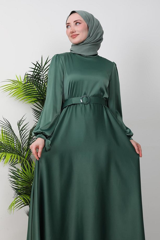 Saten Kemerli Elbise Soft Yeşil - 6