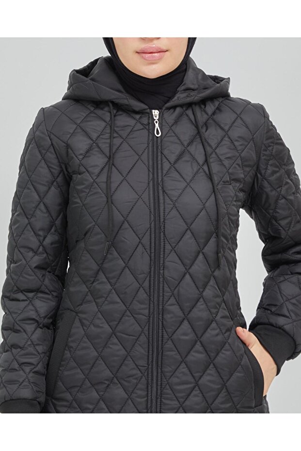 Kapüşonlu Kapitone Mont - Siyah - 3