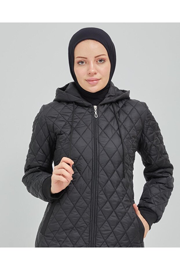 Kapüşonlu Kapitone Mont - Siyah - 2