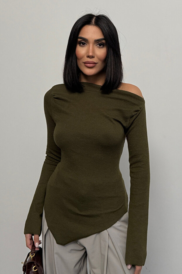 Women's Khaki Draped Boat Neck Asymmetrical Lycra Knitted Blouse