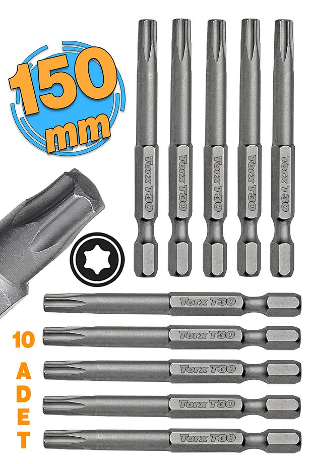 Mıknatıslı Torx T30 Bits Uç 150 mm 10'lu Set Kutulu Manyetik 1/4" Matkap Ucu Tork 15 cm Uzunluk - 1