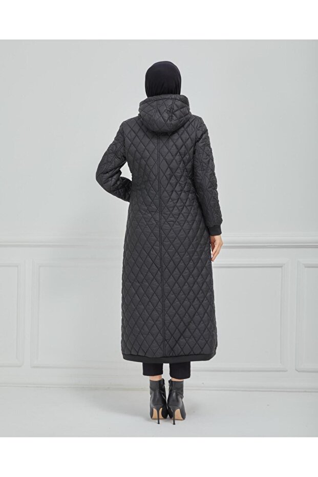 Kapüşonlu Kapitone Mont - Siyah - 5