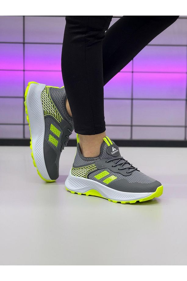 Unisex Çocuk Bağcıklı Poli Taban Triko Spor Ayakkabı-Füme-Sarı - 1