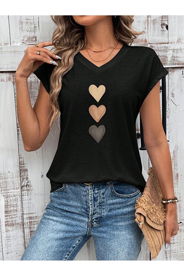 Women's Heart Printed V-Neck Loose Oversize T-Shirt