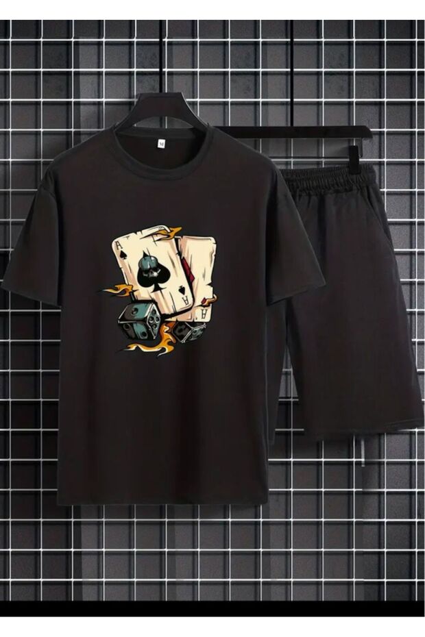 Dice Printed T-Shirt Short Wide Leg Comfortable Fit Black Bottom Black Top Short Set