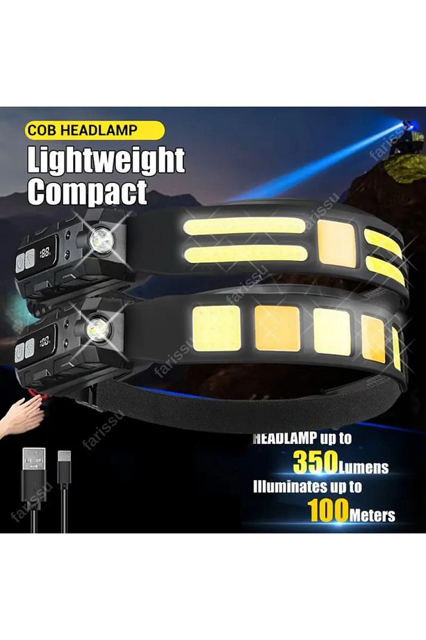 Ultra-Parlak LED + COB Şarj Edilebilir Kafa Feneri – Hareket Sensörlü, Ayarlanabilir Işın, Hafif - 2