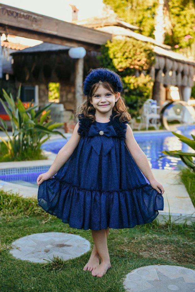 Girl's Evening Dress with Crown Accessory, Shoulder Ruffle Detail, Glitter and Bow, Girl's Birthday and Party Dress E