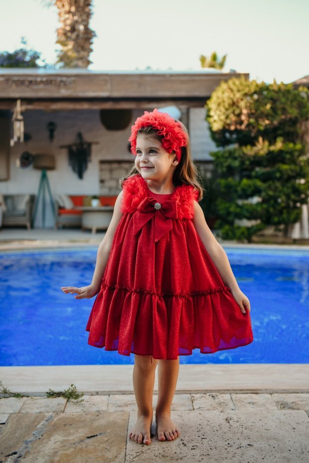 Girl's Evening Dress with Crown Accessory, Shoulder Ruffle Detail, Glitter and Bow, Girl's Birthday and Party Dress E