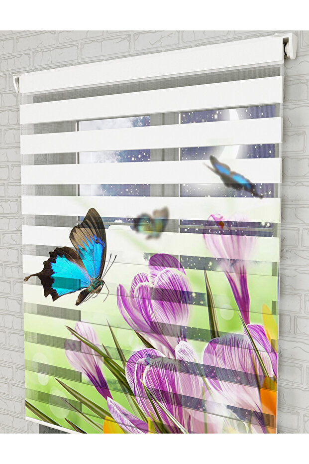 Turkuaz Kelebek ve Çiçekler Baskılı Zebra Perde - Gece Gündüz - Mutfak Perdesi - 4