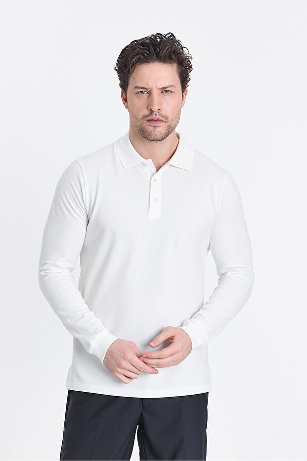 Frank Men's White 100% Cotton Pique Knitted Stretch Fabric Slim Fit Long Sleeve Polo T-Shirt
