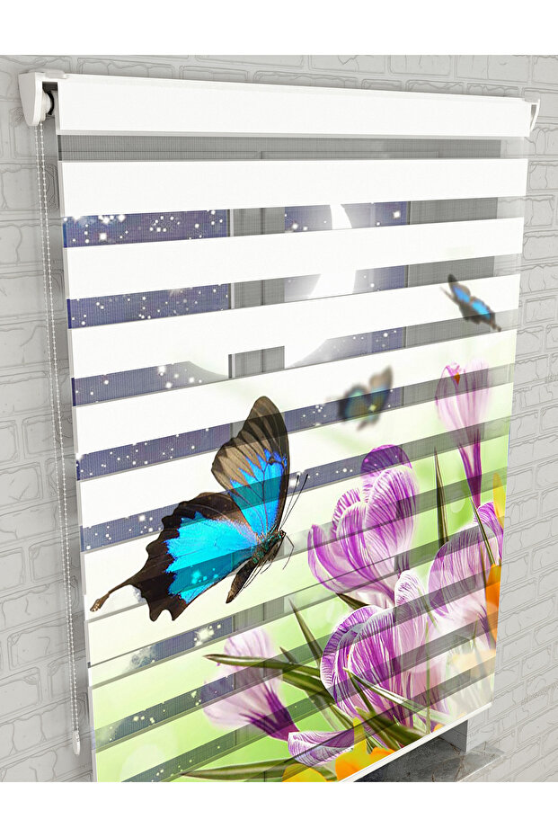 Turkuaz Kelebek ve Çiçekler Baskılı Zebra Perde - Gece Gündüz - Mutfak Perdesi - 2