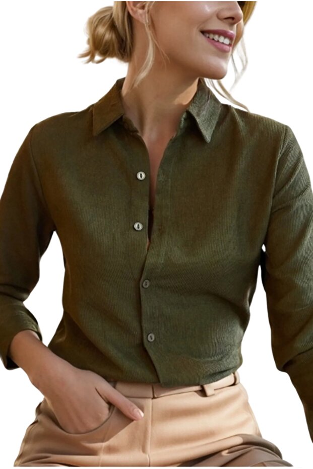 Women's Khaki Emerald Slim Corduroy Shirt
