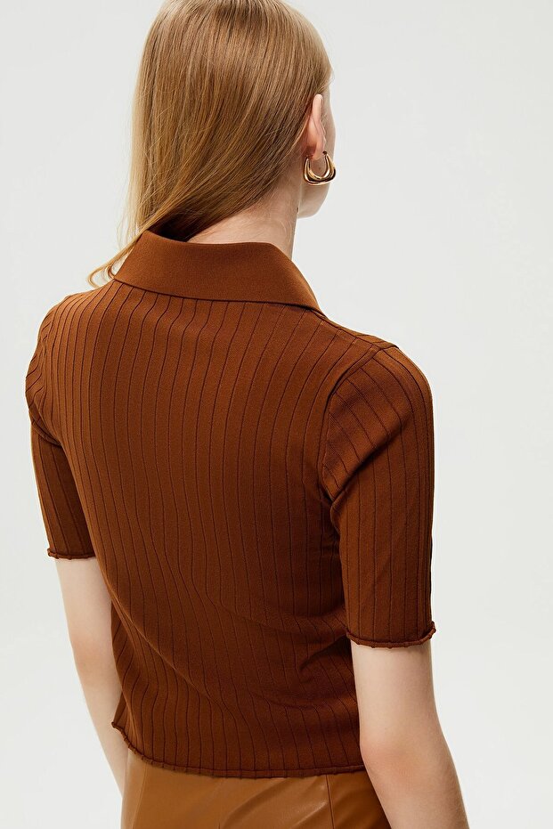 Yakalı Taba Triko Bluz - 5