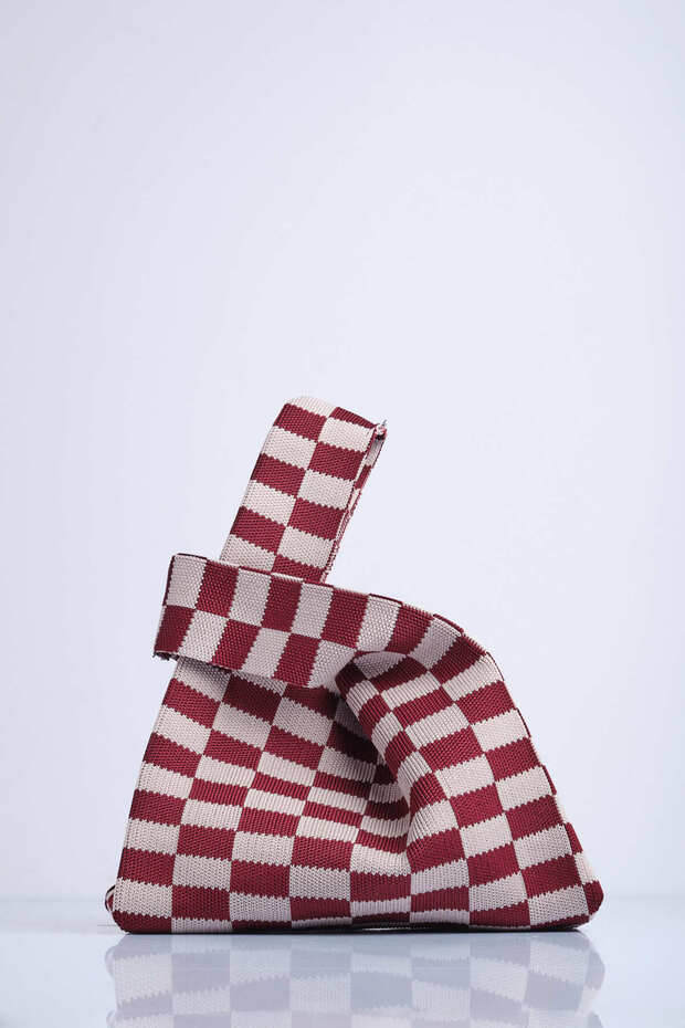 Checkered Patterned Knitwear Tote Handbag - 2
