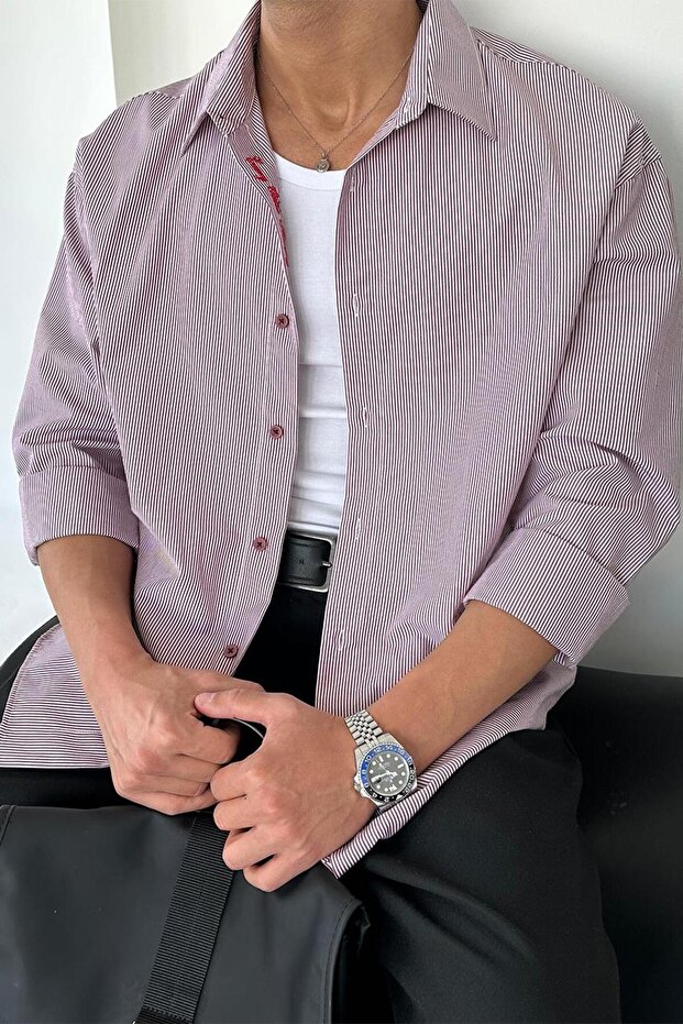 Plum Thin Striped Collar Embroidery Detail Oversize Shirt