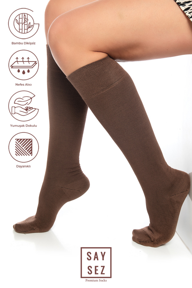 Bamboo Women's Knee-Length Brown Soft Long Seamless Socks / Pants Socks /Non-Showing Socks