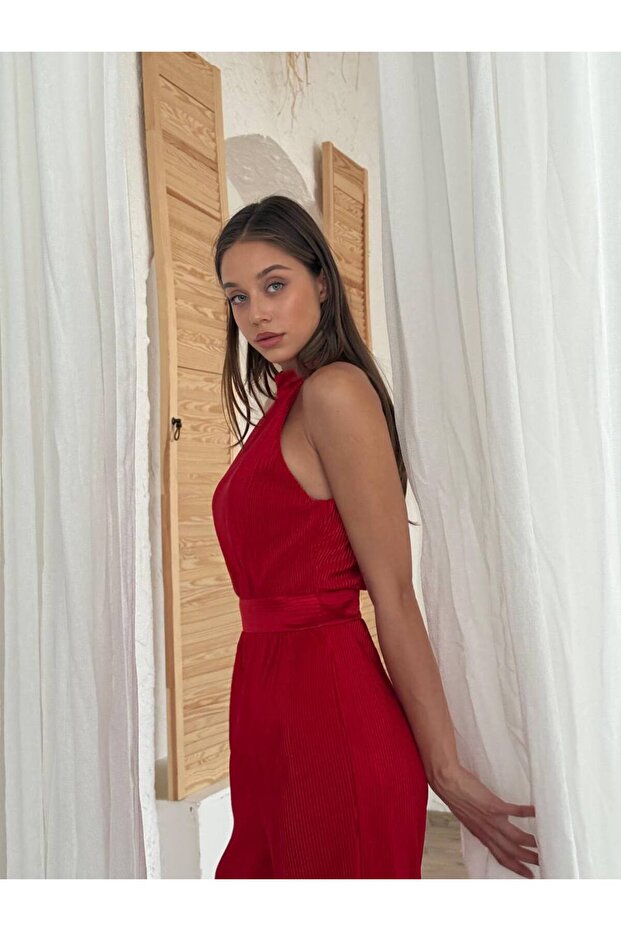 Kadın Fitilli Halter Yaka Abiye Tulum - 3