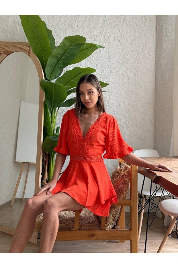 Dantel İşlemeli Şort Tulum - 4