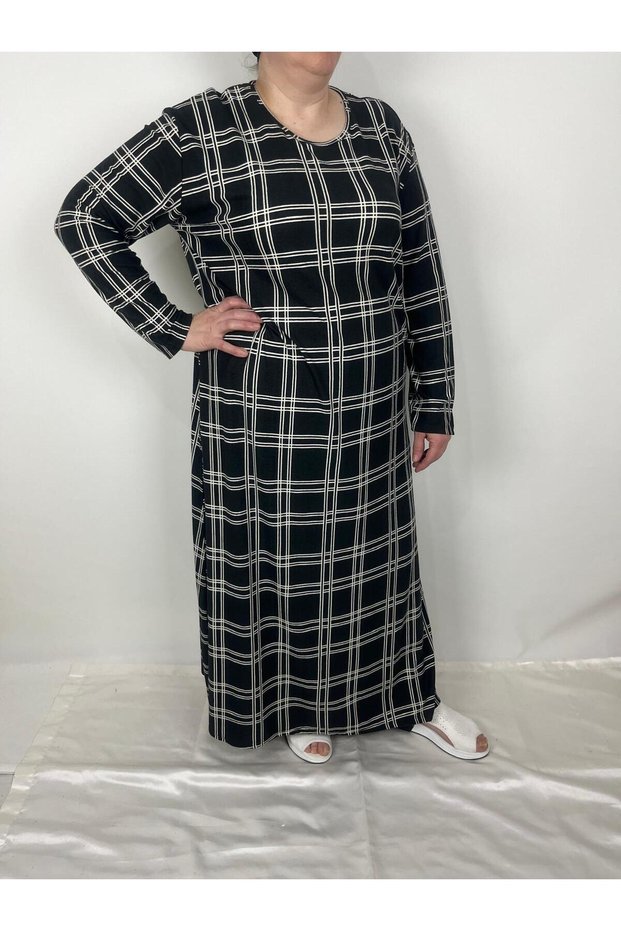 Women's Black Beige Crew Neck Plaid Long Sleeve Suede Long Seasonal Mother Dress