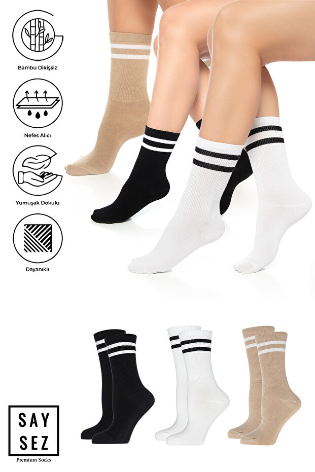 Bamboo Unisex Tennis College Striped Black-White-Beige Premium Seamless Socks 3-Pack