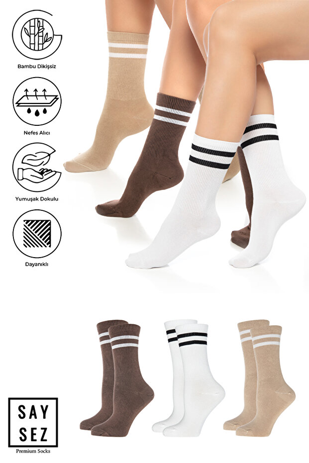 Bamboo Unisex Tennis College Striped White-Brown-Beige Premium Seamless Socks 3-Pack