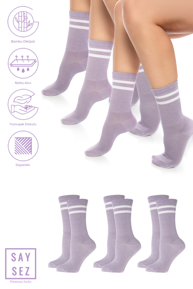 Bamboo Unisex Tennis College Striped Premium Lilac Light Purple Seamless Socks 3 Pack
