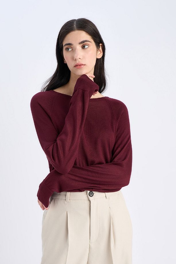 Regular Fit Bisiklet Yaka Basic Düz Bordo Triko Kazak D6281ax25sp - 4