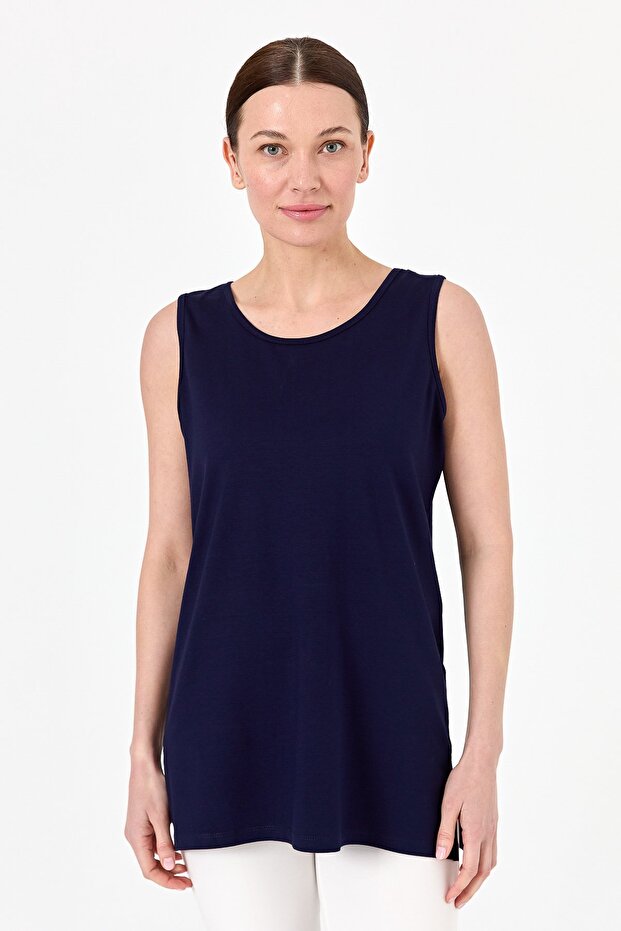 Women's Strappy Combed Cotton T-shirt Navy Blue
