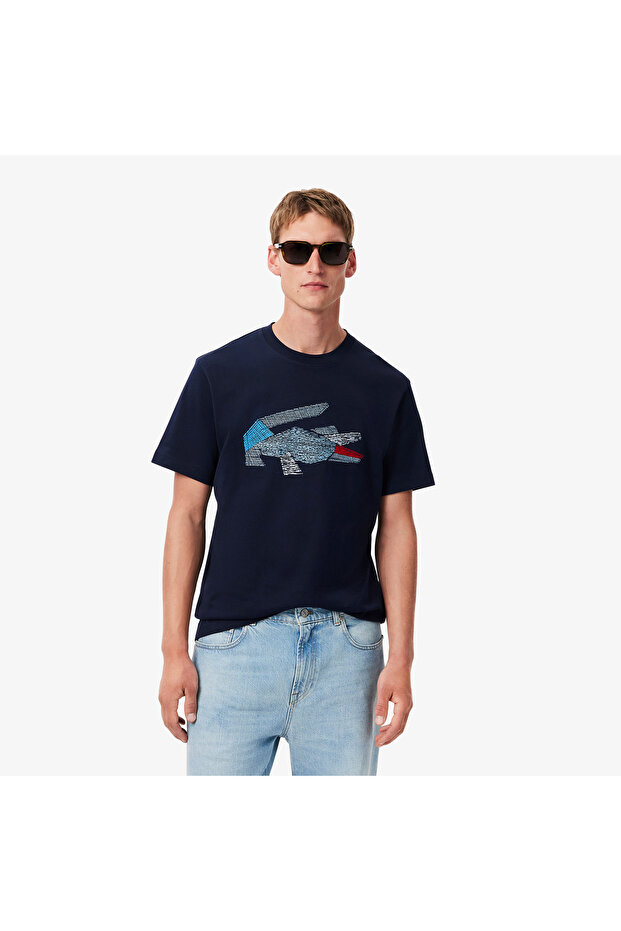 Erkek Classic Fit Bisiklet Yaka Baskılı Lacivert T-Shirt - 1