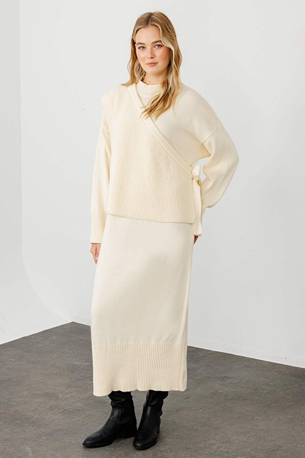 Anvelop Triko Elbise - Krem - 3