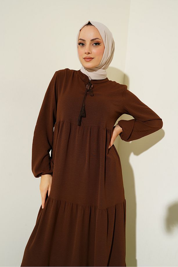 1627 Yaka Bağcıklı Tesettür Elbise - E. Kahve - 4