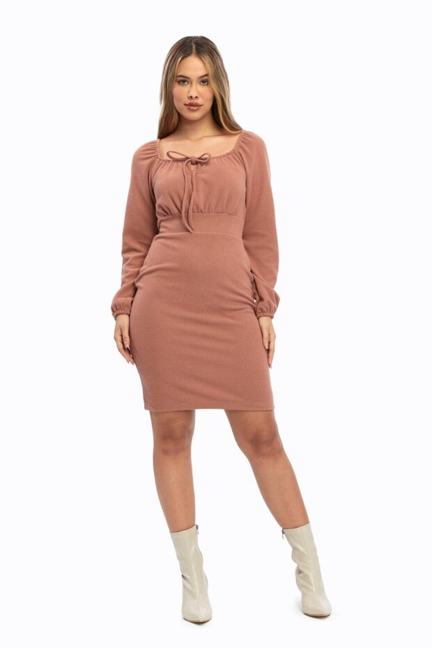 Apsen Women's Pink Bodycon Winter Knitted Dress with Collar Tie Detail 4499-95