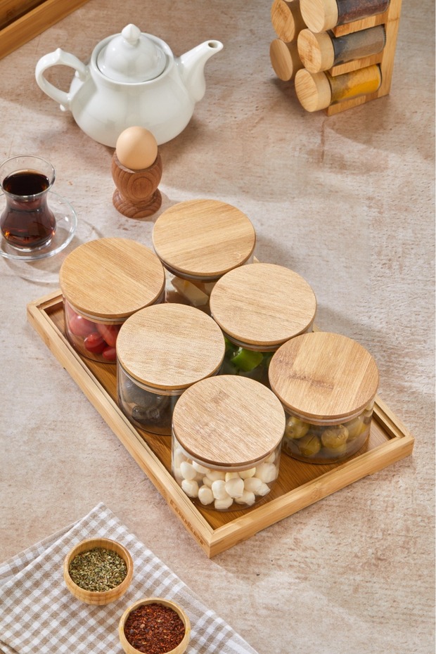 6-Piece Round Bamboo Lids with Borosilicate Glass and Tray Breakfast Set - Fashionable and Organized Presentation