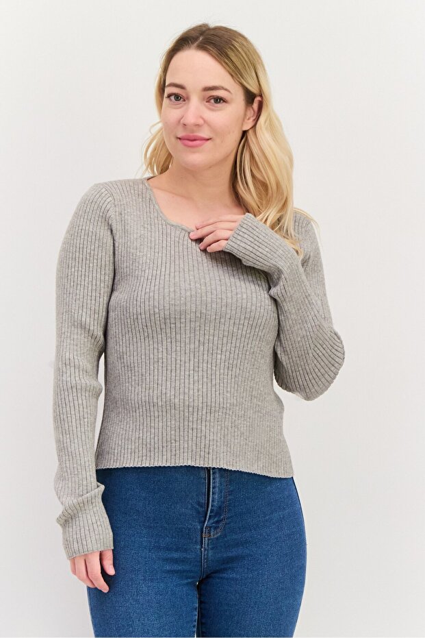 Women Round Neck Long Sleeve Ribbed Cut Out Blouse, Grey