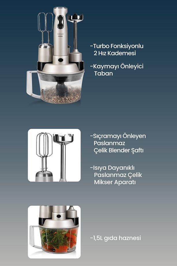 Elenamax Silver 1000 Watt Hız Ayarlı %100 Bakır Motor 5 In 1 Mutfak Robotu Multi Blender Seti - 3