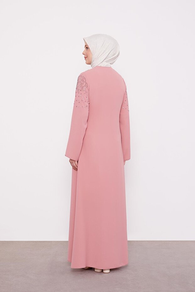 Pudra Taş İşlemeli Ferace - 7