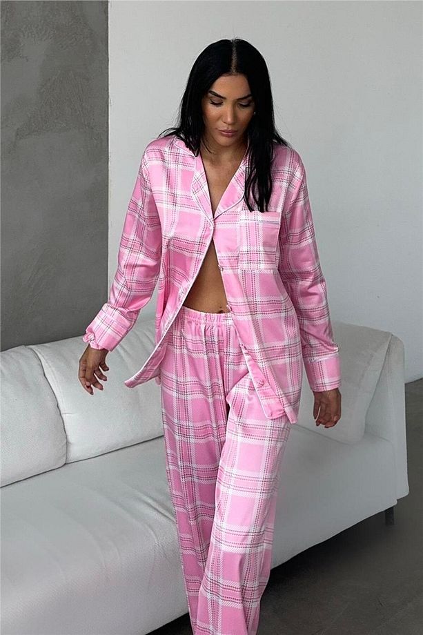Pudra Ekose Desen Saten Uzun Pijama Takımı - 6
