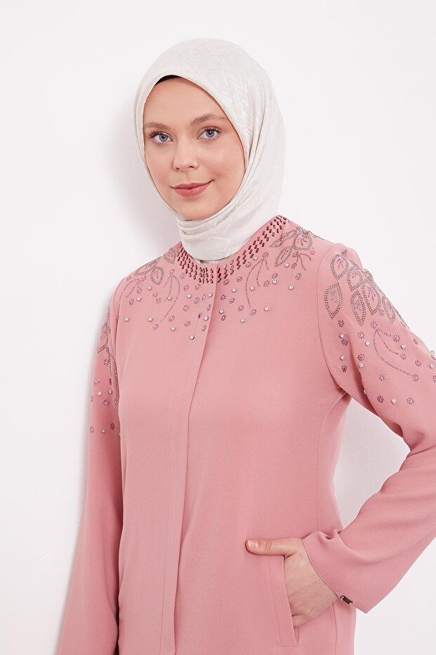 Pudra Taş İşlemeli Ferace - 5