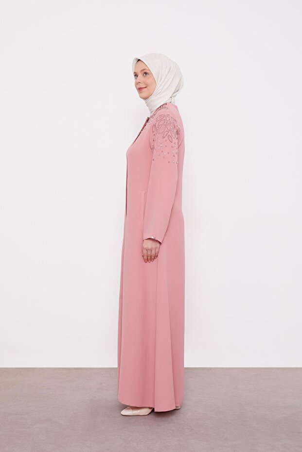 Pudra Taş İşlemeli Ferace - 3