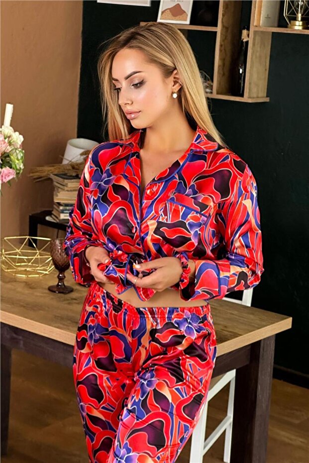 Soyut Çiçekler Desen Saten Uzun Pijama Takımı - 4